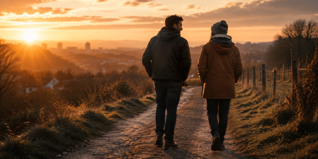Two people walking along a rural path at sunset, overlooking a distant town and hills