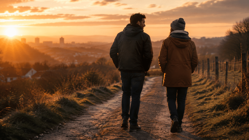 Two people walking along a rural path at sunset, overlooking a distant town and hills