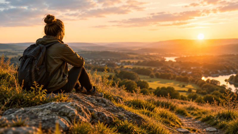 Woman with a backpack sitting on a rocky hillside, overlooking a rural valley and river at sunset