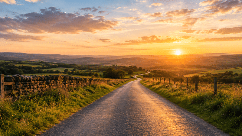 Winding country road through rolling green hills at sunset, bordered by a dry-stone wall and fields